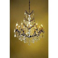 This is a stylish bronze 12 light chandelier with crystal droplets and trimmings. Height - 89cm Diam