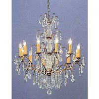 This is a stylish copper 12 light chandelier with crystal droplets and trimmings. Height - 89cm Diam