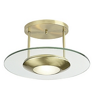 Modern semi flush fitting with an aqua trim around clear glass and a satin brass and frosted glass c