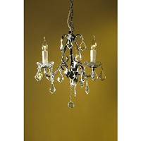 This chrome chandelier has clear crystal light bulbs dishes complemented with more clear crystal dro