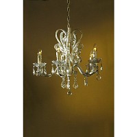 This White Enamel chandelier has clear crystal light bulbs dishes complemented with more intricate c