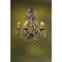 This chandelier has an antique green finish complemented with dark amber crystal droplets and clear 