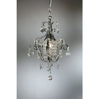 This intricate chrome chandelier has shaped clear crystal droplets and trimmings with a curtain of c