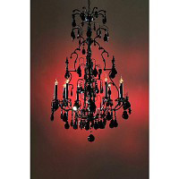 This is a large attractive black chandelier with black glass droplets hanging from the intricate arm