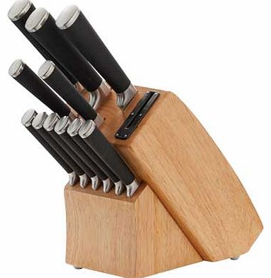 Set includes: 6 steak knives. Chefs knife. Carving knife. Bread knife. Paring knife. All purpose knife. Sharpener.