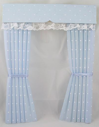 1:12 Scale Dolls House Baby Blue and White Polka Dot Print Fabric Curtains with Satin