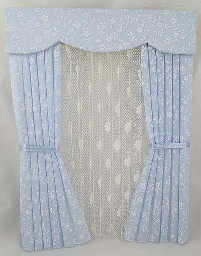 1:12 Scale Dolls House Baby Blue Miniature Floral Print Fabric Curtains