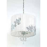 Stylish and elegant ceiling pendant light with floral printing over the white pleated fabric shade w