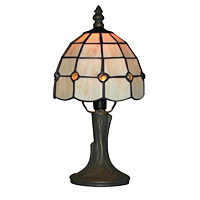 Handmade stained glass tiffany table lamp in a weathered bronze finish with amber glass droplets. He