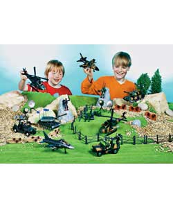 Includes military figures, tanks, air fighters, helicopters, jeeps, weapons and playmat
