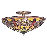 Antique brass fitting with a hand-made leaded glass shade with dragonfly design. Height - 19cm Diame