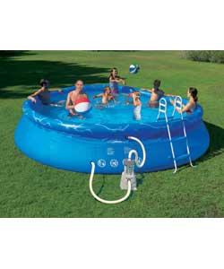 Includes pool, instructions and filter pump, 15.1ft (460cm square) groundcloth, pool cover, ladder, 
