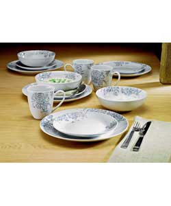 4 place settings.Porcelain.Set contains 4 dinner plates, 4 side plates, 4 bowls and 4 mugs.Dinner