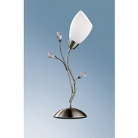 Stylish antique brass finish table lamp with delicate cut glass decoration and cone shaped opal glas
