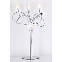 Satin chrome plated lamp with elegant sweeping arms and one piece glass clear outer and acid inner. 