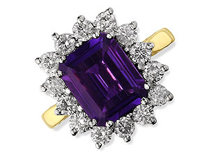An impressive 1cm x 0.8cm cushion shaped purple amethyst is set to perfection by the fourteen round 