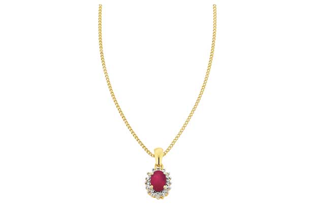 The ruby is known as being the colour of love and is complemented by a solid chain. Part of the Precious Gems collection 18ct gold plated. Ruby and diamond set pendant. Length of necklace 46cm/18in. Pendant size H16