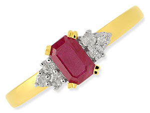 An emerald cut red ruby is the central focus of this ring with three diamonds on each shoulder to ma