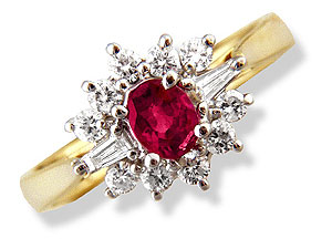 `An oval, red ruby is surrounded by twelve diamonds (40 points total diamond weight); interestingly 