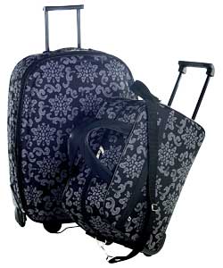 1 trolley case and matching tote bag.Black and grey polyester.22in trolley case.2 corner wheels.Retr