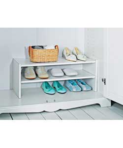 White finish.2 fixed shelves, 3 tiers.Freestanding. Stores up to 9 pairs of shoes (size 8 mens).Part