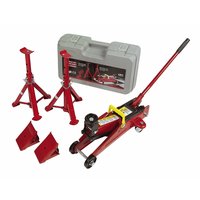 Compact, heavy-duty jack, 2-tonne (2000kg) axle stands and safety wheel chocks supplied with