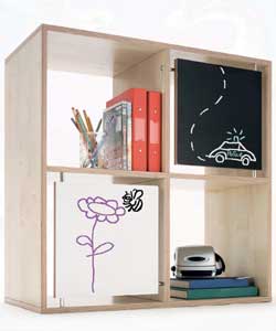 Practical storage unit for toys and clothes. Reversible black/white chalk board/wipe clean; style