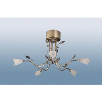 Stylish antique brass ceiling light fitting with leaf decoration and floral glass shades. Perfect fo