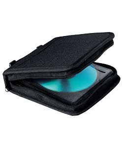 Holds 208 CD/DVDs by double sided CD sleeves. With carrying handle