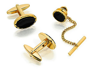 Unbranded 22ct Gold Plated Onyx Tie Pin and Cufflink Gift Set 015652
