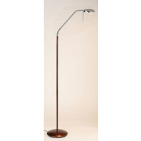 Touch dimmable floor lamp with adjustable head in a red wood finish with metalwork in satin chrome. 