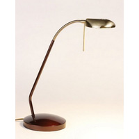 Touch dimmable desk lamp with adjustable head in a red wood finish with metalwork in antique brass. 