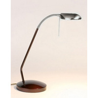 Touch dimmable desk lamp with adjustable head in a red wood finish with metalwork in satin chrome. H
