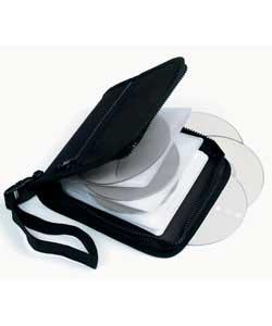 Holds 24 CDs/DVDs without cases. Square shape with carrying handle