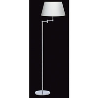 Polished chrome plated swing arm floor lamp complete with white fabric shade. Height - 145cm Diamete