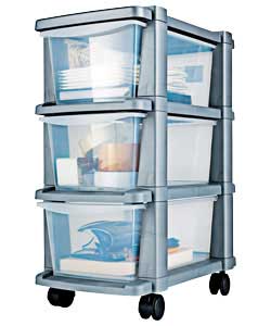 Silver plastic frame storage tower on castors with 3 clear plastic drawers.Size (H)34.5, (W)25, (D)6