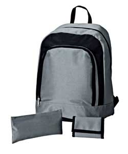 Set includes backpack, pencil case and wallet.Polyester.Backpack1 external pocket.Size (H)39, (W)33,