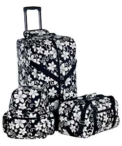 Comprises of trolley holdall, holdall and backpack.Black and white printed 600D polyester.Trolley Ho