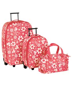 Comprises 2 trolley cases and 1 tote bag.Colours pink and white.Material polyester.Locks and keys su