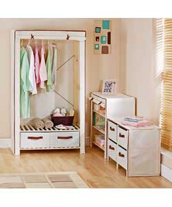 Natural coloured polycotton cover with brown piping.Set includes a single wardrobe with 2 storage dr