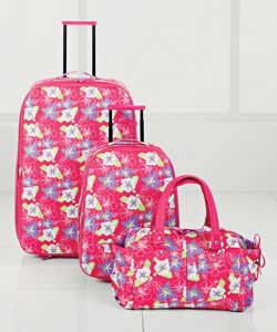 Set includes 2 trolley cases and 1 tote bag.Polyester.Soft.Key locks.Packing straps.2 corner wheels 