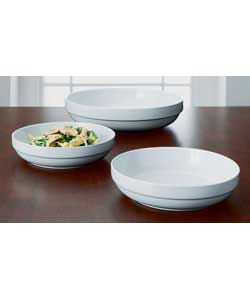 Stoneware. Large bowl - diameter 31cm. 2 small bowls - diameter 21cm. Dishwasher and microwave safe.