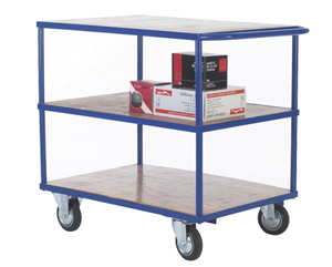 Easy to manoeuvre strong shelf truck . Complete with varnished plywood shelf decks and tubular