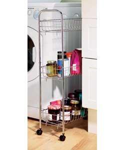 Slim design to fit between cupboards. Mounted on castors. Size (H)80, (W)50, (D)20cm.Minimal assembl