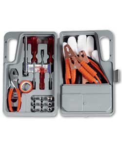 Set comprises; gloves, first aid plasters, hazard warning triangle, jump leads, assorted metric
