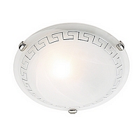 Glass flush fitting with an aztec design and satin chrome holders. Height - 12cm Diameter - 40cmBulb
