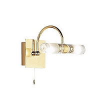 Gold plated wall fitting with a looping arm and two acid glass tubular shades. This fitting is IP44 