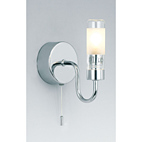 Polished chrome wall fitting with an acid glass tubular shade. This fitting is IP44 rated and suitab