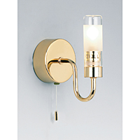 Gold plated wall fitting with an acid glass tubular shade. This fitting is IP44 rated and suitable f