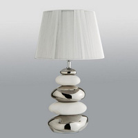 Pair of exclusively designed contemporary white and chrome finish ceramic pebble table lamps complet
